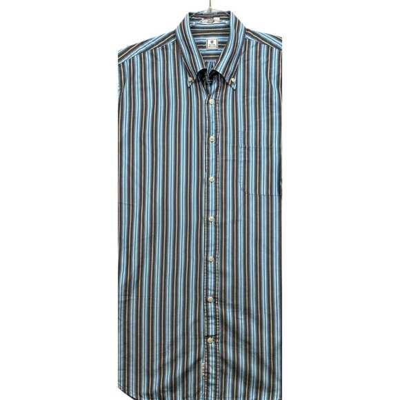 Peter Millar Mens Medium Striped Button-Down Shirt Brown & Blue Collar - Picture 2 of 7